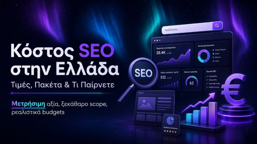 Hero εικόνα για άρθρο σχετικά με το κόστος SEO στην Ελλάδα, με analytics dashboard, γραφήματα, σύμβολα SEO και ευρώ σε deep cosmos aurora αισθητική.