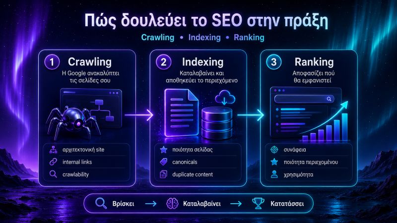 Infographic που εξηγεί πώς δουλεύει το SEO μέσα από τα στάδια crawling, indexing και ranking στη Google.