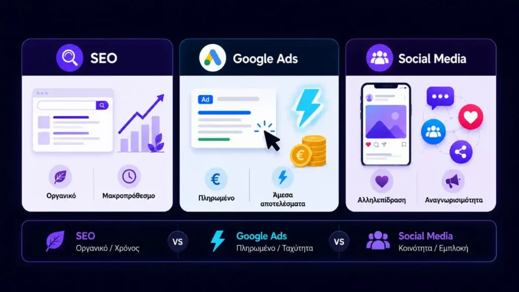 διαφορά SEO, Google Ads και social media