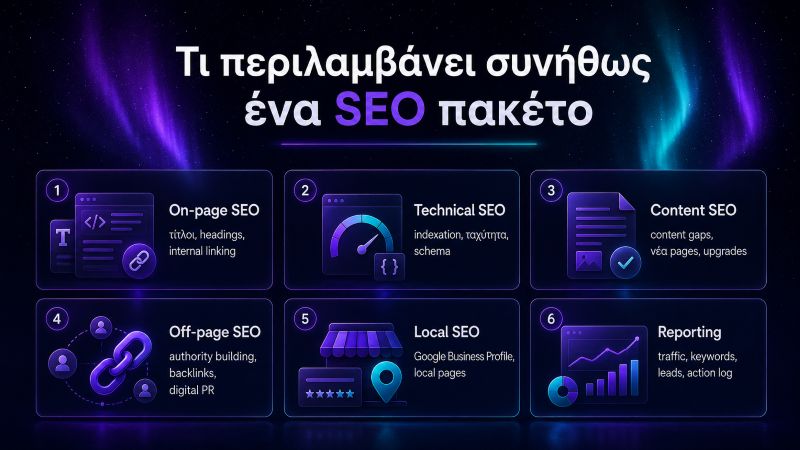 Infographic με τα βασικά στοιχεία ενός SEO πακέτου, όπως on-page SEO, technical SEO, content SEO, off-page SEO, local SEO και reporting.