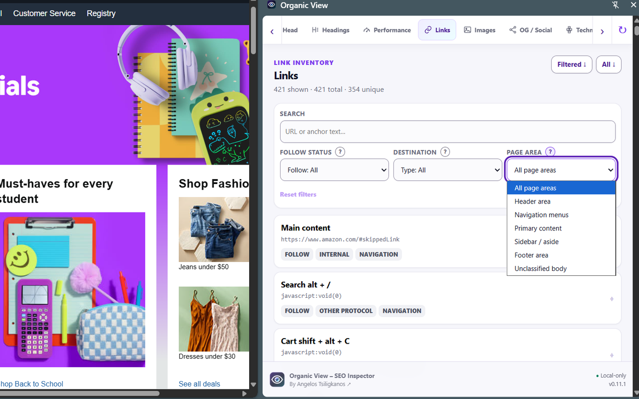 Organic View Links tab with follow, destination and page-area filters