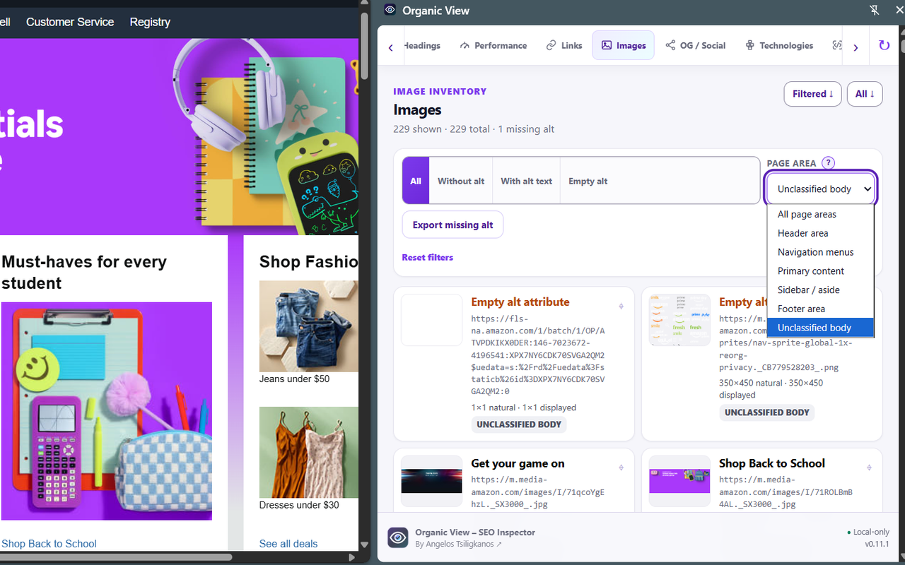 Organic View Images tab with alt-text and page-area filters