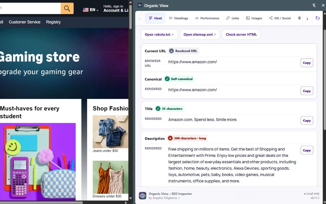 Organic View inspecting the current URL, canonical, title and description in Chrome